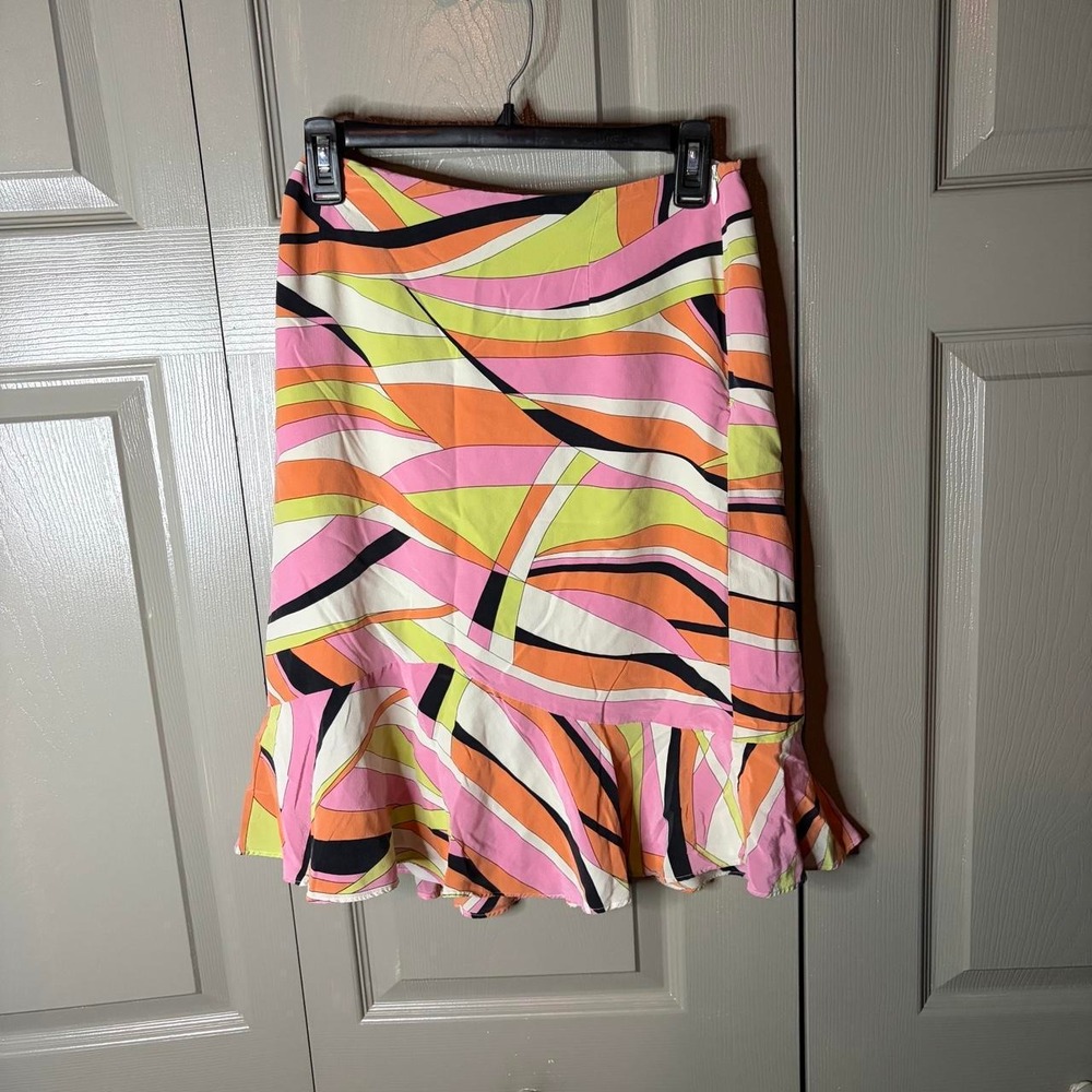Talbots Womens Y2K Ruffle Mini Skirt Pink Orange Abstract Geometric Print Size S